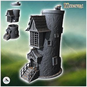 Large round tower with paned window and railed access staircase (1) - Medieval Gothic Feudal Old Archaic Saga 28mm 15mm RPG