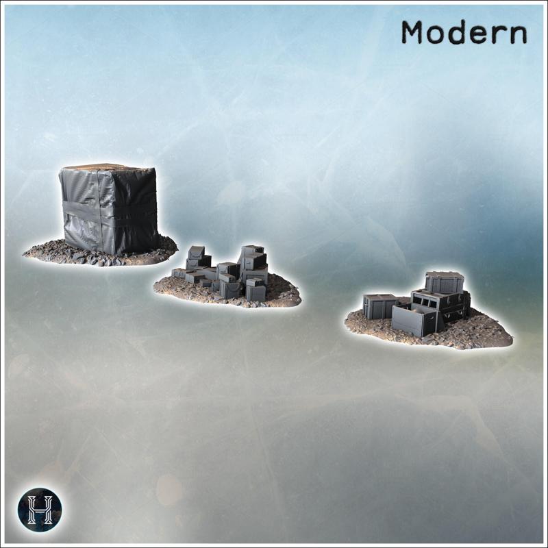 Crates and wrapped supplies grouped on rubble-strewn ground, some open and some sealed (8) - Modern WW2 WW1 World War Diaroma Wargaming RPG Mini Hobby