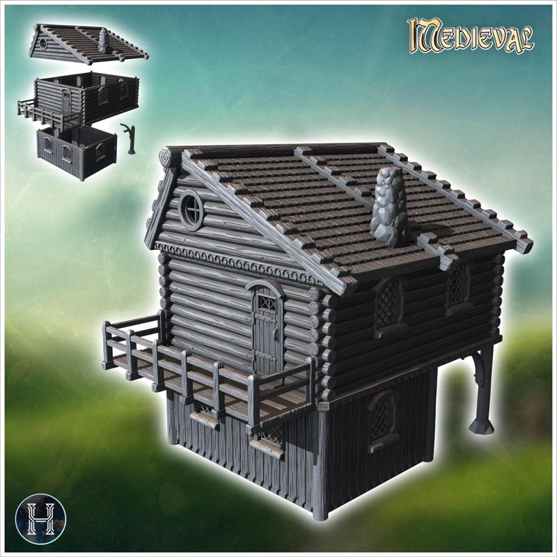 Two-story wooden house with a balcony and chimney, supported by a central pillar (23) - Medieval Gothic Feudal Old Archaic Saga 28mm 15mm RPG