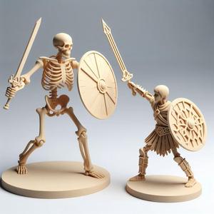 91 Duel of Skeleton and Warrior - 3D-Printed Wooden Statues, fantasy, art, sculpture, model, animal, 3d model, statue, creature, magic, 3d print, collectible, cat, bear, dinosaur, wood, dragon, sword, base, warrior