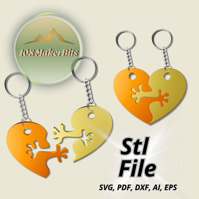 Gecko Split Heart Keychain STL File - 3D Printable and Laser-Cut Interlocking Love Keychain for Couples and Valentine’s Day Gifts