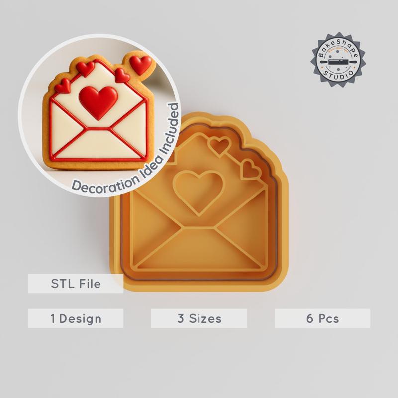 Love Letter Cookie Cutter & Stamp Set, Romantic Mail Shape, Perfect for Fondant, 6 Piece, Sizes S/M/L