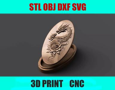 Oval Dragon and Roses Jewelry Box     STL OBJ DXF SVG Files