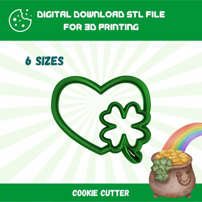 CUTTY CLAY STL Heart with Clover Imprint Cookie Cutter in 6 Sizes for St. Patrick’s Day, Good Quality Stl File To Download for 3D Printing