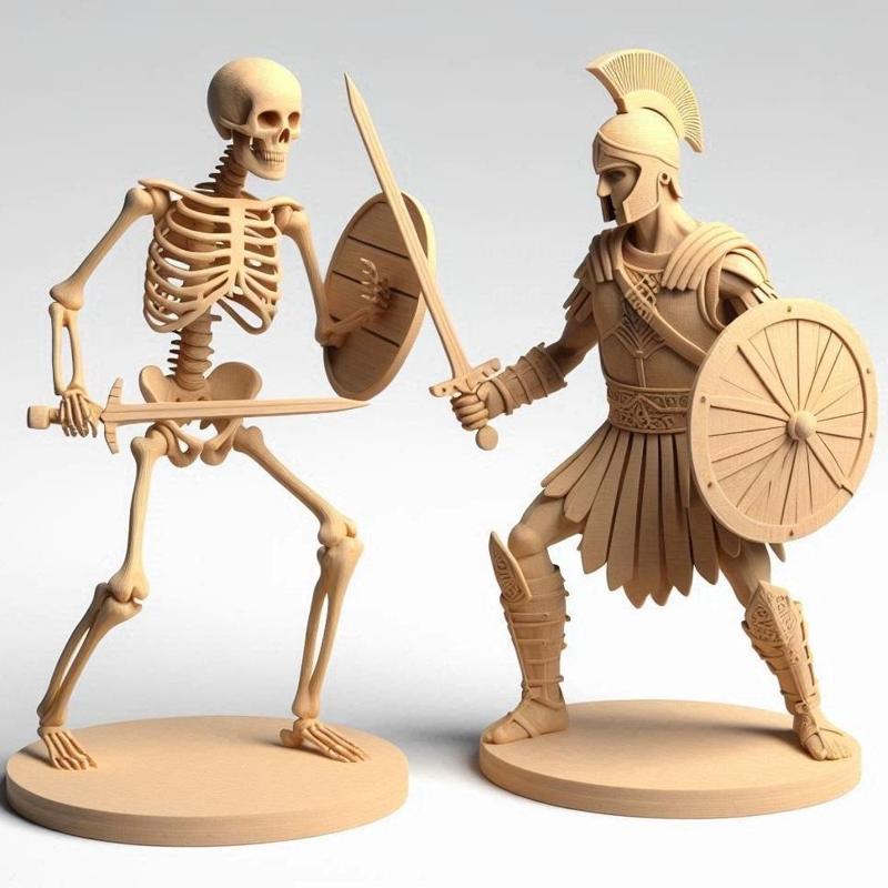 2246 Duel of Skeleton and Warrior - 3D-Printed Wooden Statues, magic, dragon, serpent, wood, gnome, gorgon, warrior, wild, fox, monster, cat, fair, witch, werewolf, horror, beast, snake, troll, skeleton dance