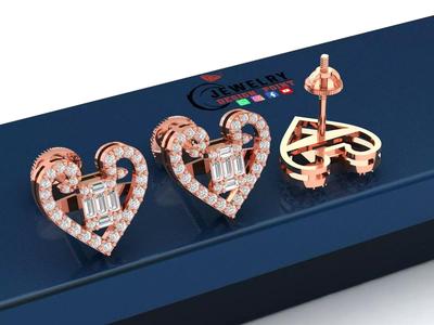 Custom Heart with Baguette Cluster Earrings Studs - Unisex 12mm