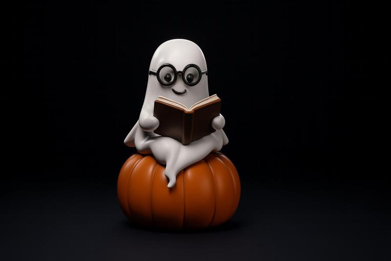 Adorable Ghost Reading on Pumpkin – Cute Halloween Decoration, Spooky Season Tabletop Ornament, Fall Decor