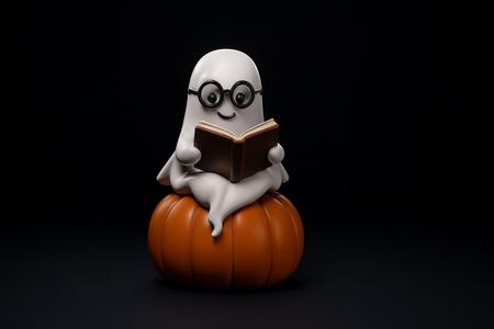 Adorable Ghost Reading on Pumpkin – Cute Halloween Decoration, Spooky Season Tabletop Ornament, Fall Decor