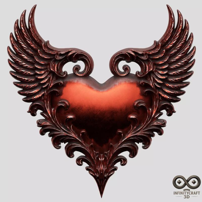 Ornate Winged Heart 3D Relief  Baroque Wall Art STL File