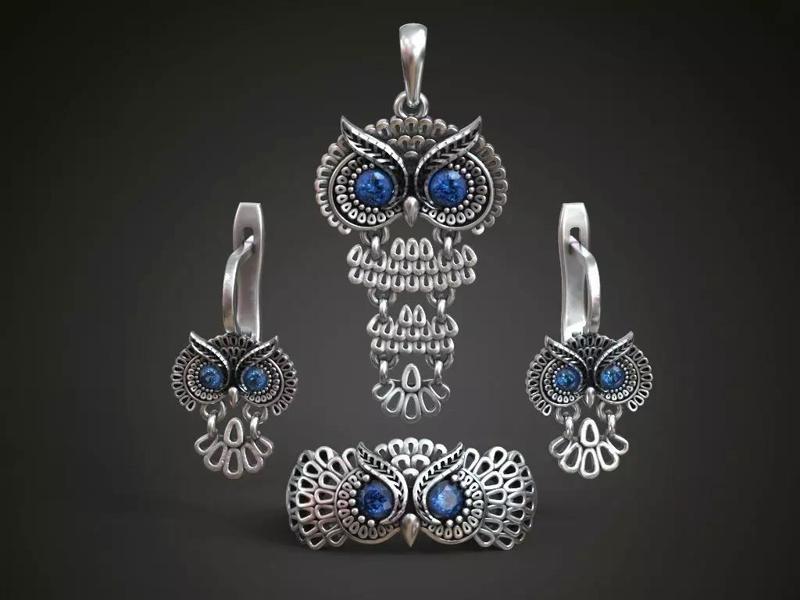 Owl Ring Pendant and Earrings Jewelry Set for Women