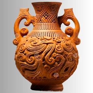Ornate pottery vase with intricate decorative patterns