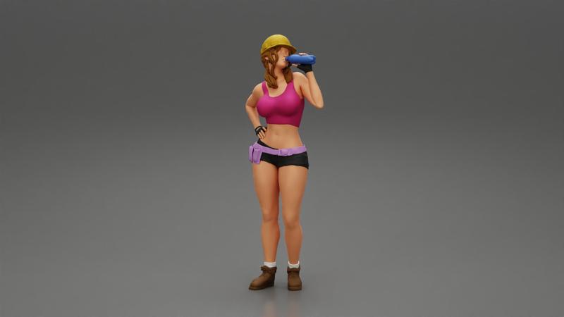 Sexy girl mechanic drinks water during a break