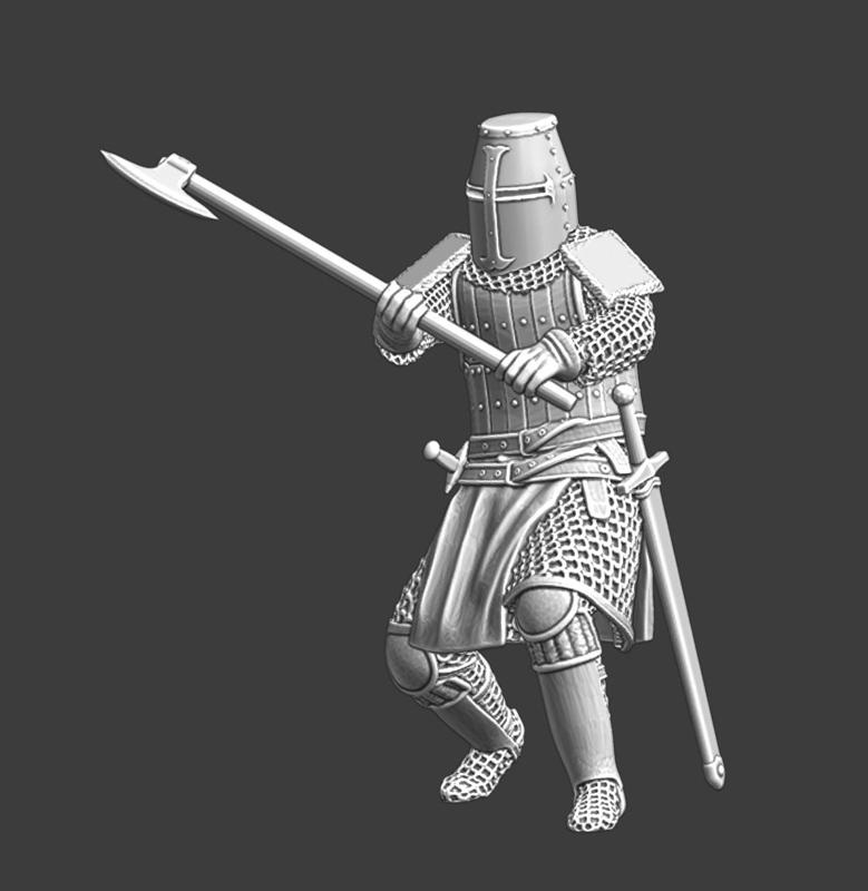 Medieval crusader knight fighting with great axe