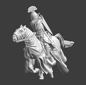 Medieval crested knight swinging warhammer