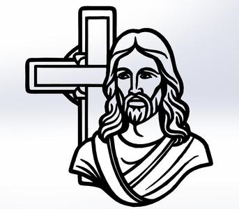 Jesus with Cross Line Art – Religious Wall Decoration Dxf file and stl