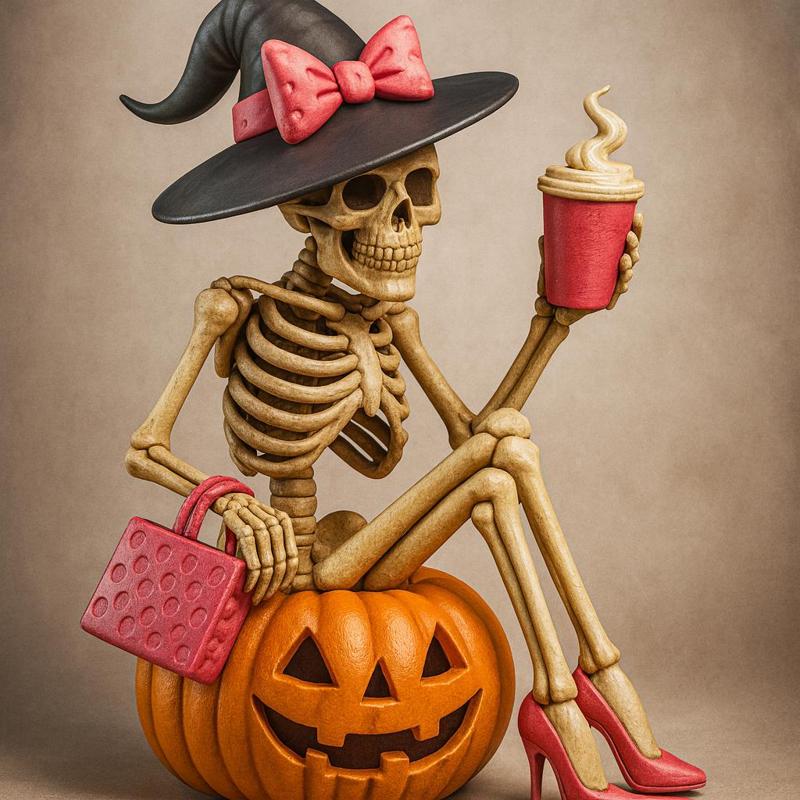 Funny Halloween Witch Skeleton Sitting on Pumpkin with Coffee Cute Spooky 3D Print Figurine Halloween Decoration Figurine halloween decoration,  spooky decor