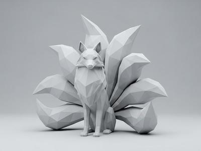 Kitsune Low Poly - Nine-Tailed Fox Statue