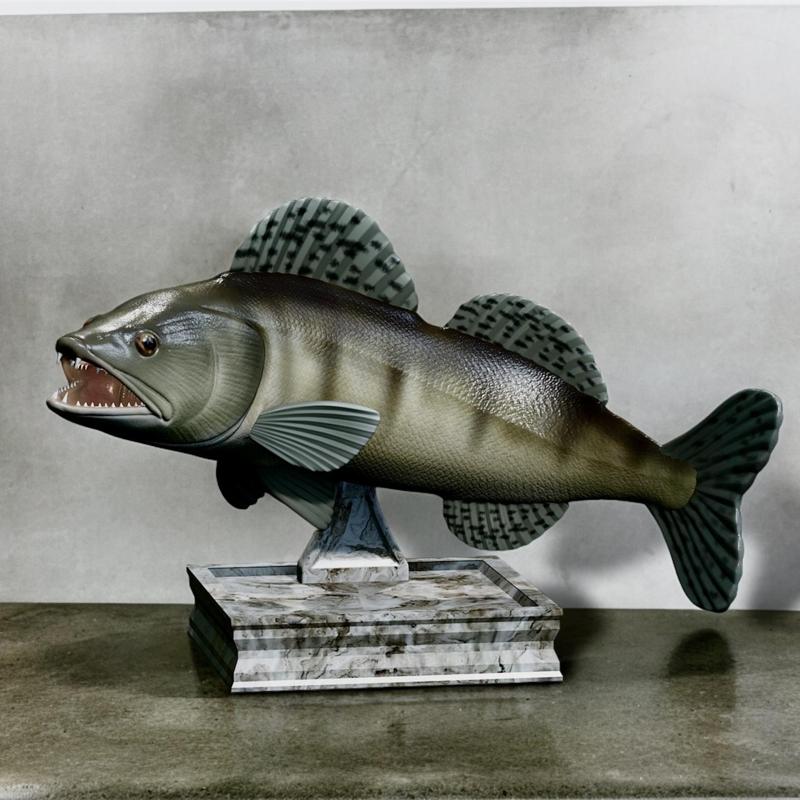 zander / pikeperch / Sander lucioperca fish in motion trophy statue detailed texture for 3d printing