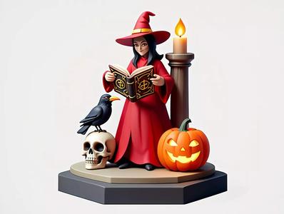 2455Halloween Witch with Skull  Raven and Pumpkin
