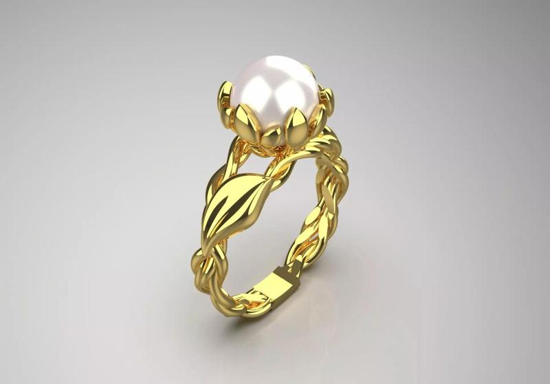 Yellow gold STL ring with ivy and pearl design model pr0019