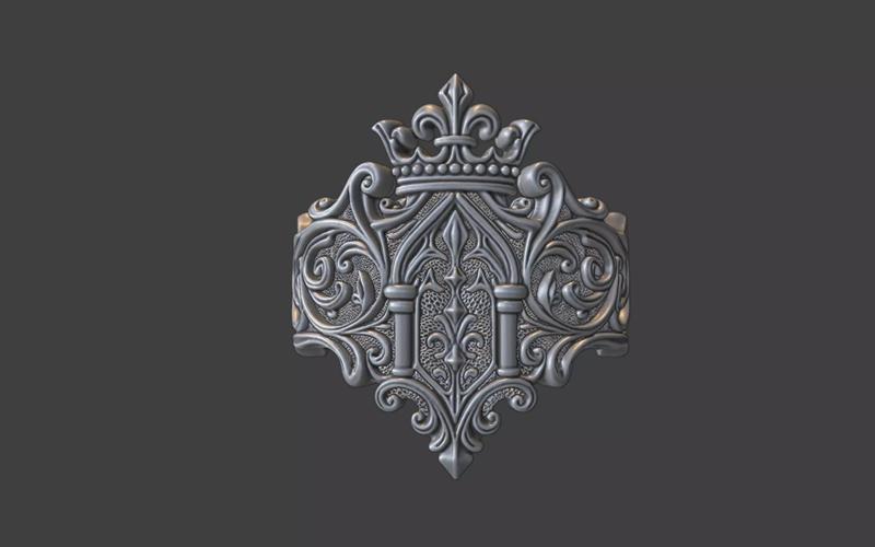 Heraldic scrollwork crown ring signet ring
