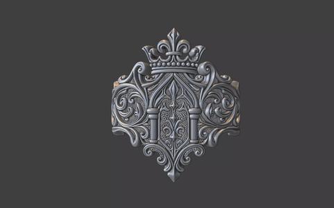 Heraldic scrollwork crown ring signet ring