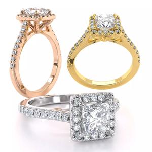 Princess Cut Engagement Ring One Row Pave Diamond Band