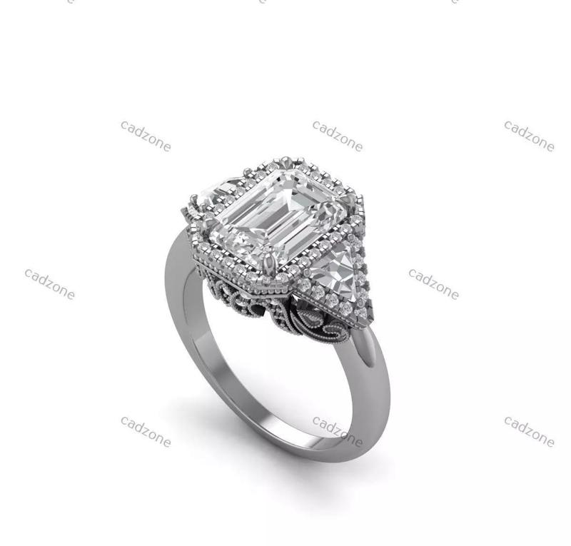 Elegant Vintage Emerald-Cut Diamond Ring-3D CAD Model