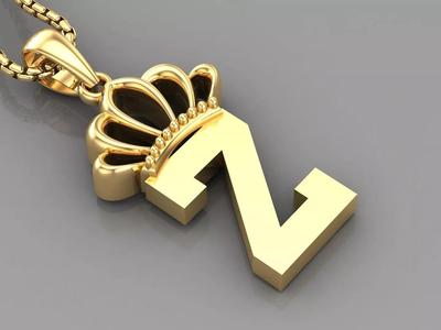 Z Crown Letter Initial Pendant in 10kt Yellow Gold Cad Design