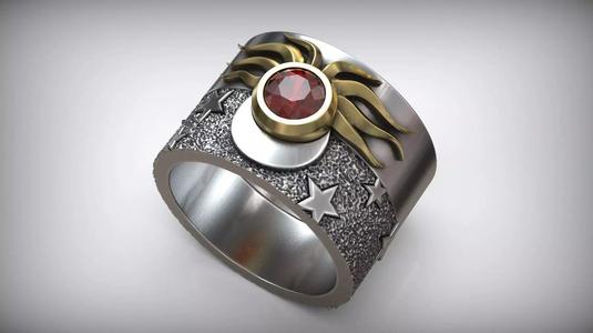 Moon And Sun Star Wide Double Silver Ring