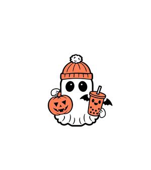 Ghost Holding Bat Boba Drink and Pumpking Halloween decoration SVG