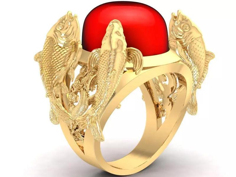 Luxury Fengshui Koi Fish Red Gemstone Men Ring  2635