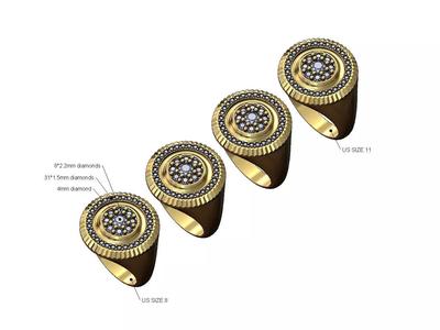 Fluted bezel round cluster diamond signet ring US sizes 8to11