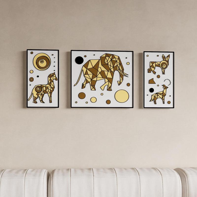 "Chromatic Triptych: Minimalist Geometric Fauna"