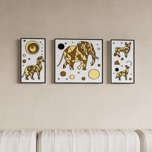 "Chromatic Triptych: Minimalist Geometric Fauna"