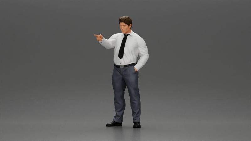 Serious businessman in a white shirt tie, and pants pointing with authority, hand in pocket