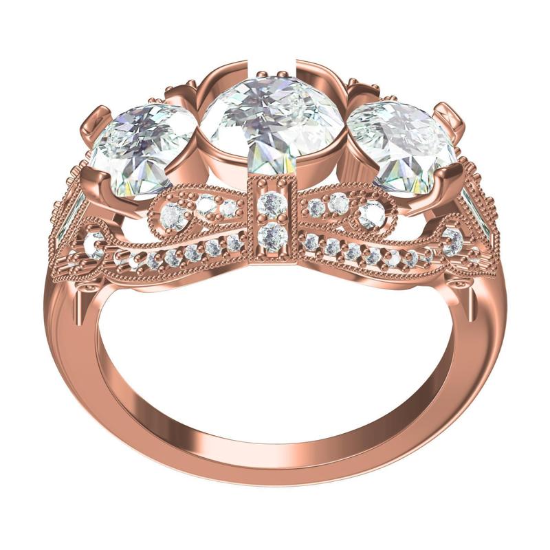 Three Stone Vintage Look Wedding Bridal Ring