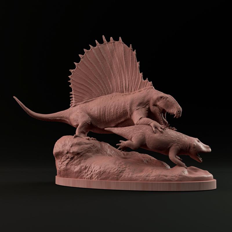 Dimetrodon hunting Eryops 1-35 scale pre-supported prehistoric animal