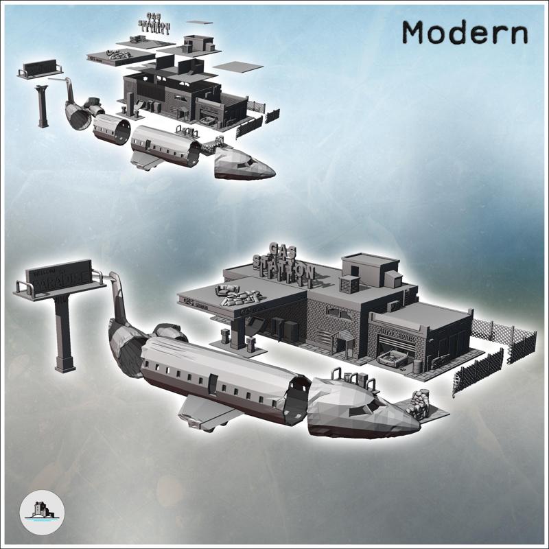 Set of fortified post-apocalyptic gas station with mechanic garage and large aircraft carcass (22) - Future Sci-Fi SF Post apocalyptic Tabletop Scifi 28mm 15mm 20mm Modern