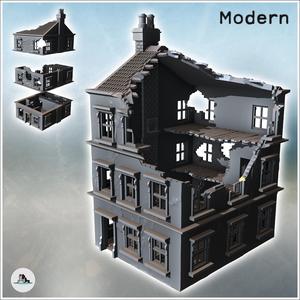 Tiled-roof house with bay window on the ground floor and a large rear wall (destroyed version) (17) - Modern WW2 WW1 World War Diaroma Wargaming RPG Mini Hobby