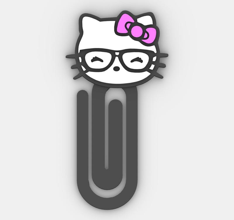 hello kitty with Glasses - Paper clip, bookmark - 3MF pre-painted , STL