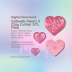 Clay Cutter STL File - Cobweb Heart 2 - Halloween Whimsigoth Earring Digital File Download- 8 sizes and 2 Cutter Versions, cookie cutter