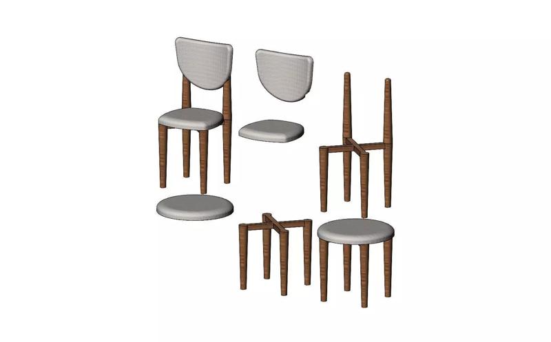 Miniature side chairs and stool mockups