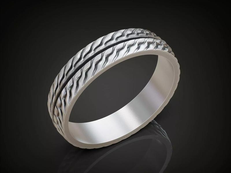 Wedding Band Ring with Wavy Texture Split by Smooth Central Band