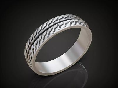 Wedding Band Ring with Wavy Texture Split by Smooth Central Band