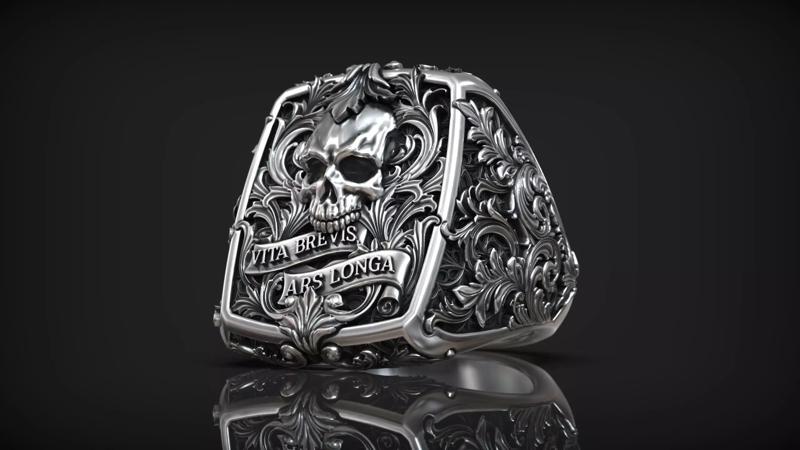 Victorian Gothic Skull Ring 3D Model Vita Brevis Ars Longa