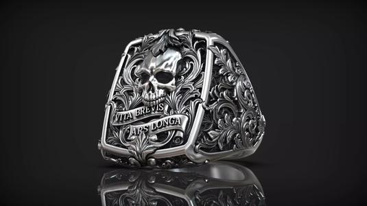 Victorian Gothic Skull Ring 3D Model Vita Brevis Ars Longa