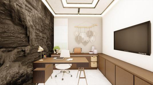 Modern matte black study room interior with natural stone wall CG model
