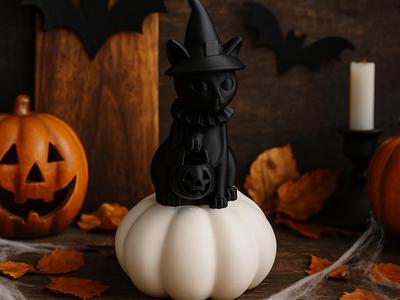 Halloween Pumpkin Cat – Spooky Feline Witch Figurine