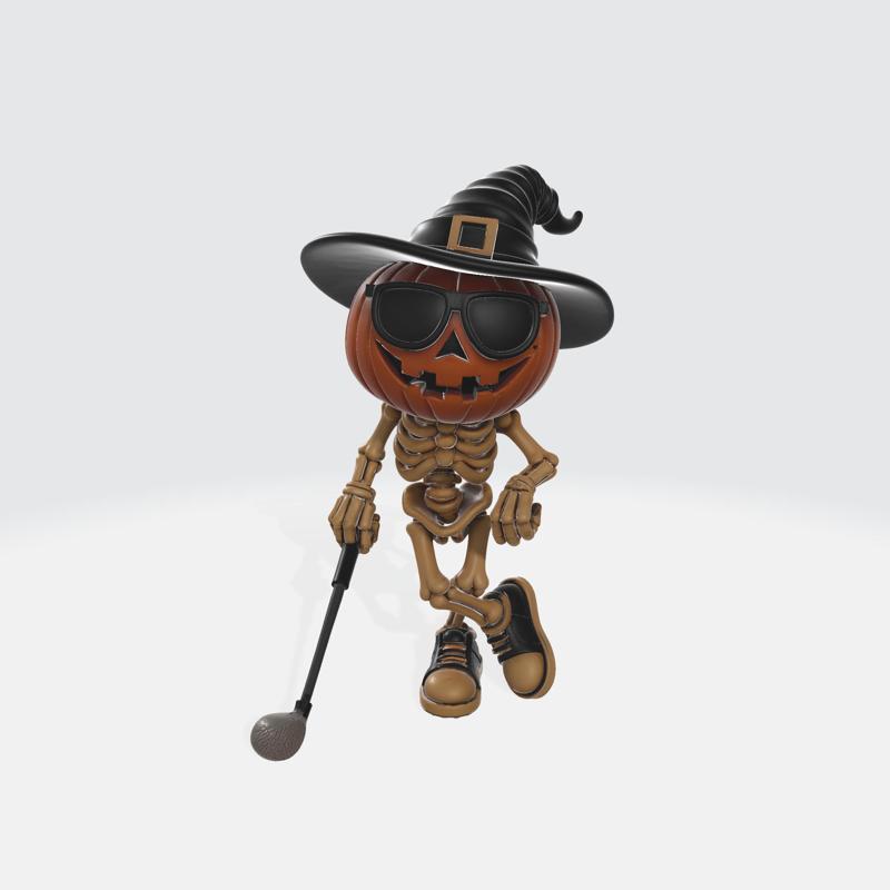 Halloween Skeleton Golfer 3D Model | Pumpkin Head Skeleton Playing Golf Figurine for 3D Printing